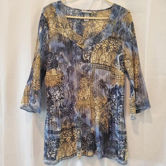 Catherine's 0X Blouse Shirt Blue Beige Sequin Trumpet 3/4 sleeve - Picture 1 of 7